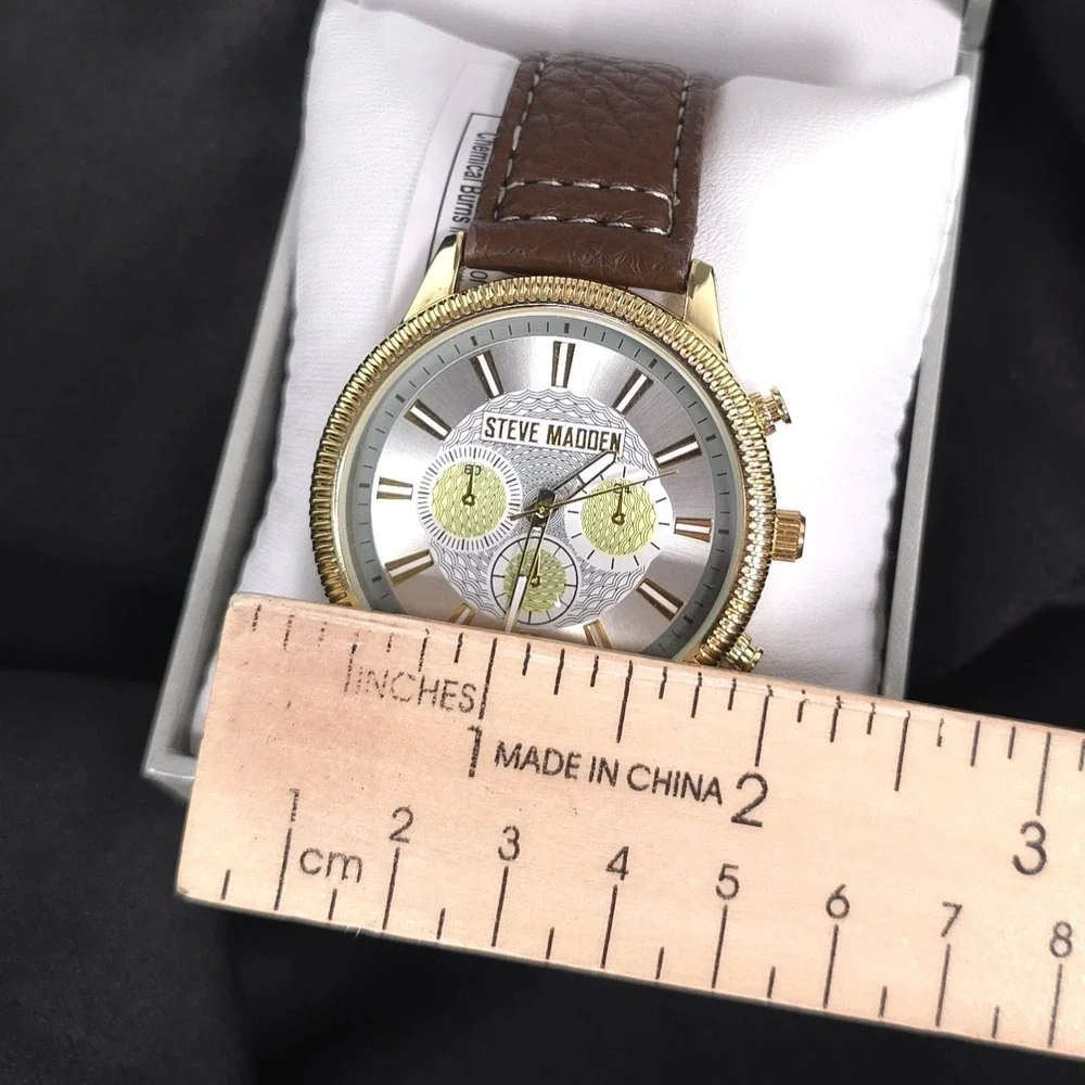 STEVE MADDEN New Men Watch Casual Brown Leather Gold ChRonograph SM-9192SVBN